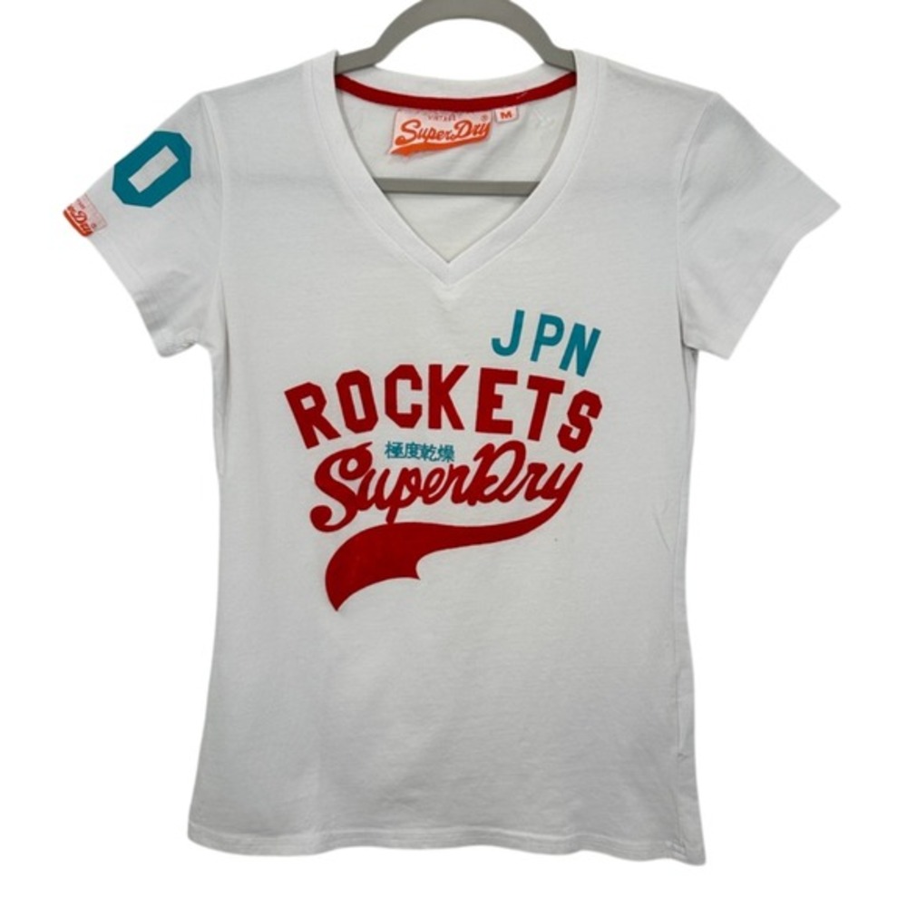 Superdry‎ Womens Size M White JPN Rockets Graphic V Neck T Shirt Tee Casual